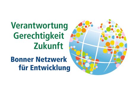 Das gezeichnete Logo zeigt neben dem Schriftzug Bonner Netzwerk für Entwicklung eine Weltkugel mit bunten Punkten