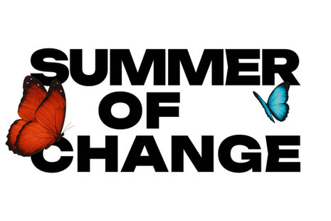 Word/image mark of the "Summer of Change" festival. Black text on a white background in three lines. A red butterfly sits on the C of "Change", a blue one flutters on the right edge.