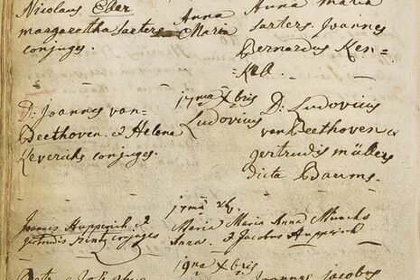 قيد معمودية لودفيج فان بيتهوفن المكتوب بخط اليد في سجل الكنيسة من عام 1770.