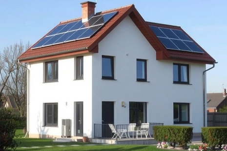 Una casa con impianto fotovoltaico sul tetto