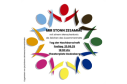 Das Sharepic zeigt einen stilisierten, bunten Menschenkreis. In der Mitte steht der Einladungstext