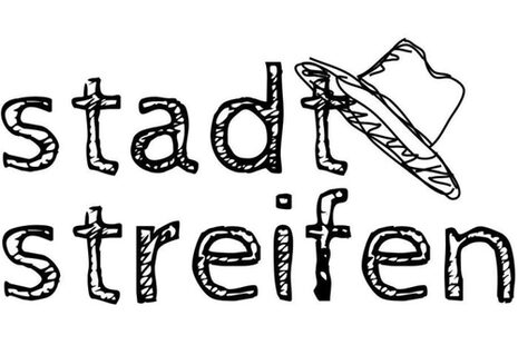 Black and white logo with "stadt" and a hat on the 2nd t in the first line and "streifen" in the second line.