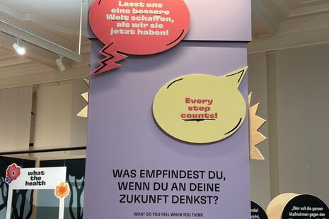 Das Foto zeigt eine Stellwand mit der Frage: Was empfindest Du, wenn Du an Deine Zukunft denkst. Darüber gibt es Gedankenblasen mit "Every Step counts" und "Lasst uns eine bessere Welt schaffen, als wir sie jetzt haben."